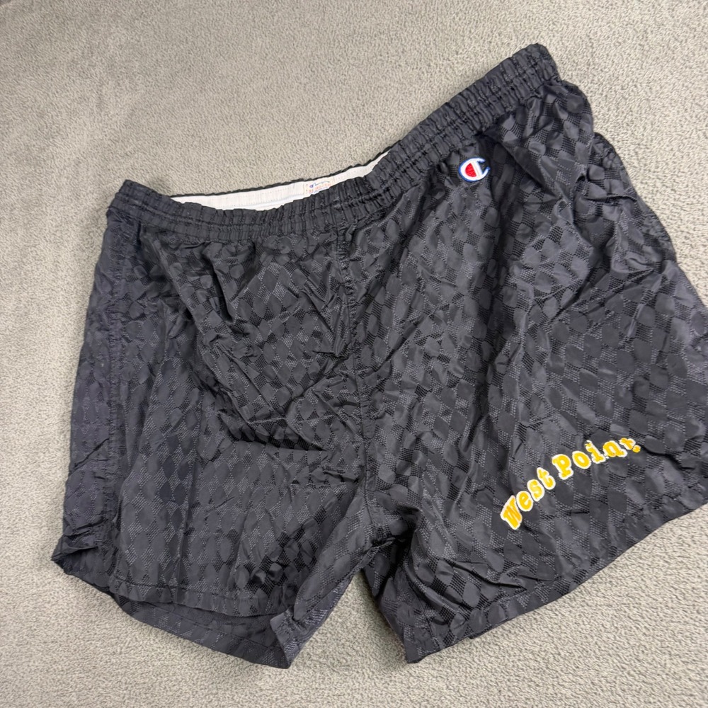 Vintage Champion West Point Shorts Black Diamond Jacquard Nylon XL Made in USA